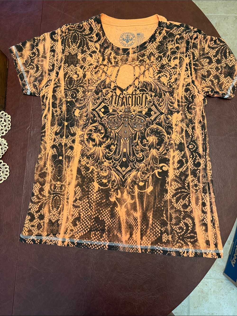 Affliction Orange and Black Lace-Print Crew Tee